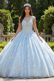 Sky Blue Beaded Ball Gown Illusion Neck Quinceanera Dress