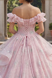 Off the Shoulder Pink Glitter Ruffled Ball Gown Quinceanera Dress