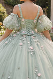 Sage Green Ball Gown 3D Flowers Princess Quinceanera Dress with Puff Sleeves