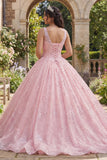 Glitter Pink Ball Gown Corset V Neck Quinceanera Dress
