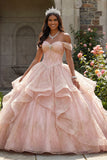 Off the Shoulder Glitter Pink Ball Gown Beaded Ruffled Quinceanera Dress