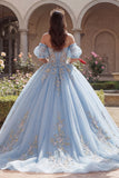 Sky Blue Ball Gown Off the Shoulder Appliqued Corset Quinceanera Dress with Puff Sleeves
