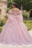 Ball Gown Pink Beaded Corset Off the Shoulder Quinceanera Dress with Large Bow