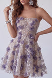 Sparkly Purple A Line Sequin Short Cocktail Dress with 3D Flowers