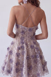Sparkly Purple A Line Sequin Short Cocktail Dress with 3D Flowers