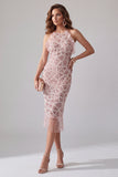 Sparkly Blush Halter Bodycon Beaded Midi Cocktail Dress with Fringes