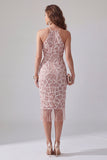 Sparkly Blush Halter Bodycon Beaded Midi Cocktail Dress with Fringes