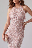 Sparkly Blush Halter Bodycon Beaded Midi Cocktail Dress with Fringes