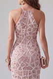 Sparkly Blush Halter Bodycon Beaded Midi Cocktail Dress with Fringes