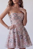Sparkly Blush A Line Beaded Sequin Mini Cocktail Dress