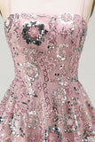 Sparkly Blush A Line Beaded Sequin Mini Cocktail Dress