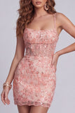 Sparkly Bodycon Coral Corset Mini Cocktail Dress with Sequins