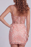 Sparkly Bodycon Coral Corset Mini Cocktail Dress with Sequins