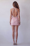 Pink Halter Bodycon Backless Short Cocktail Dress with 3D Flowers