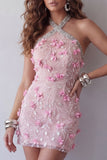 Pink Halter Bodycon Backless Short Cocktail Dress with 3D Flowers