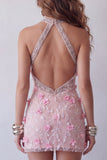 Pink Halter Bodycon Backless Short Cocktail Dress with 3D Flowers