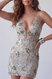 Sparkly Dusty Sage Bodycon V-Neck Short Cocktail Dress with Sequins