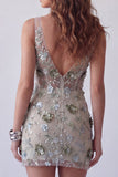 Sparkly Dusty Sage Bodycon V-Neck Short Cocktail Dress with Sequins