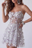 Silver Sheer A Line 3D Flowers Mini Cocktail Dress