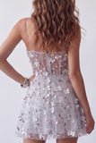 Silver Sheer A Line 3D Flowers Mini Cocktail Dress