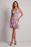 Off the Shoulder Lilac Beaded Bodycon Cocktail Dress with Ruffles