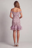 Off the Shoulder Lilac Beaded Bodycon Cocktail Dress with Ruffles