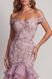 Off the Shoulder Lilac Beaded Bodycon Cocktail Dress with Ruffles