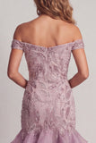 Off the Shoulder Lilac Beaded Bodycon Cocktail Dress with Ruffles