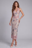 Sparkly Blush Sheath Halter Beaded Midi Sequin Cocktail Dress with Lace