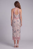 Sparkly Blush Sheath Halter Beaded Midi Sequin Cocktail Dress with Lace