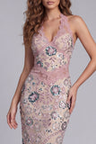 Sparkly Blush Sheath Halter Beaded Midi Sequin Cocktail Dress with Lace