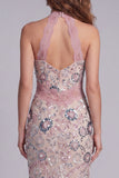 Sparkly Blush Sheath Halter Beaded Midi Sequin Cocktail Dress with Lace