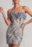 Strapless Dusty Blue Bodycon Sequin Mini Cocktail Dress with Ruffles