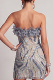 Strapless Dusty Blue Bodycon Sequin Mini Cocktail Dress with Ruffles