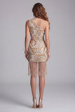 Sparkly Champagne One Shoulder Bodycon Cocktail Dress with Fringes