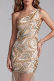 Sparkly Champagne One Shoulder Bodycon Cocktail Dress with Fringes