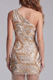 Sparkly Champagne One Shoulder Bodycon Cocktail Dress with Fringes