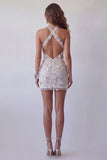 Silver Halter Bodycon 3D Flowers Mini Cocktail Dress with Sequins