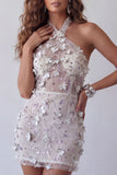 Silver Halter Bodycon 3D Flowers Mini Cocktail Dress with Sequins