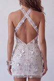 Silver Halter Bodycon 3D Flowers Mini Cocktail Dress with Sequins