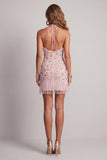 Sparkly Blush Bodycon Sequins Halter Cocktail Dress with Fringes
