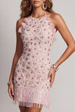 Sparkly Blush Bodycon Sequins Halter Cocktail Dress with Fringes