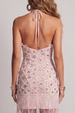 Sparkly Blush Bodycon Sequins Halter Cocktail Dress with Fringes