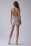Sparkly Silver Halter Beaded Bodycon Short Cocktail Dress