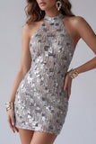 Sparkly Silver Halter Beaded Bodycon Short Cocktail Dress