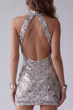 Sparkly Silver Halter Beaded Bodycon Short Cocktail Dress
