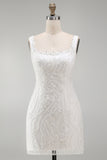 Sparkly White Bodycon Wide Straps Beaded Mini Cocktail Dress