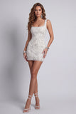 Sparkly White Bodycon Wide Straps Beaded Mini Cocktail Dress