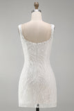 Sparkly White Bodycon Wide Straps Beaded Mini Cocktail Dress