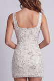 Sparkly White Bodycon Wide Straps Beaded Mini Cocktail Dress